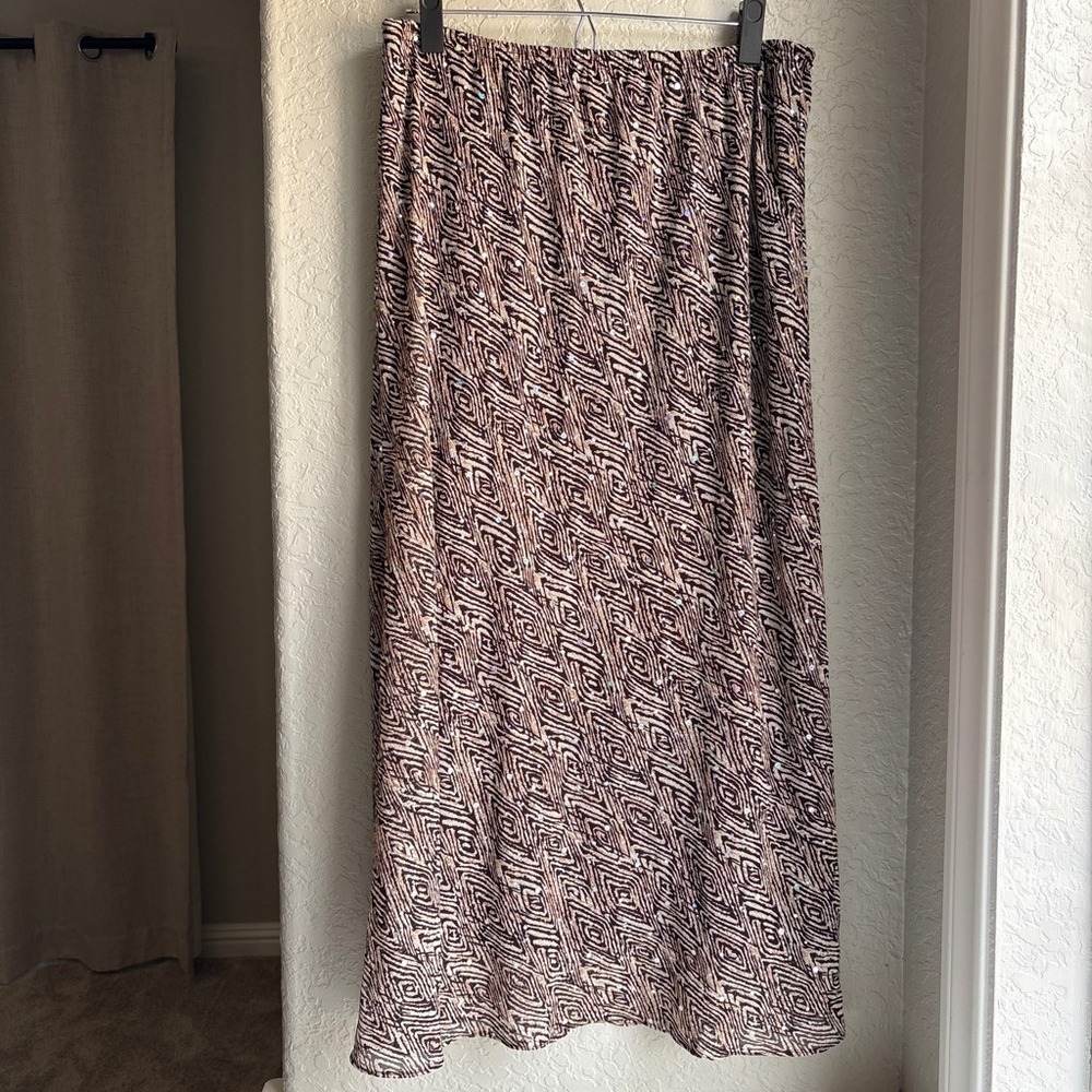 Coldwater Creek Women 14 Y2K Midi Skirt Sequin Brown Diamond Pattern Low Rise